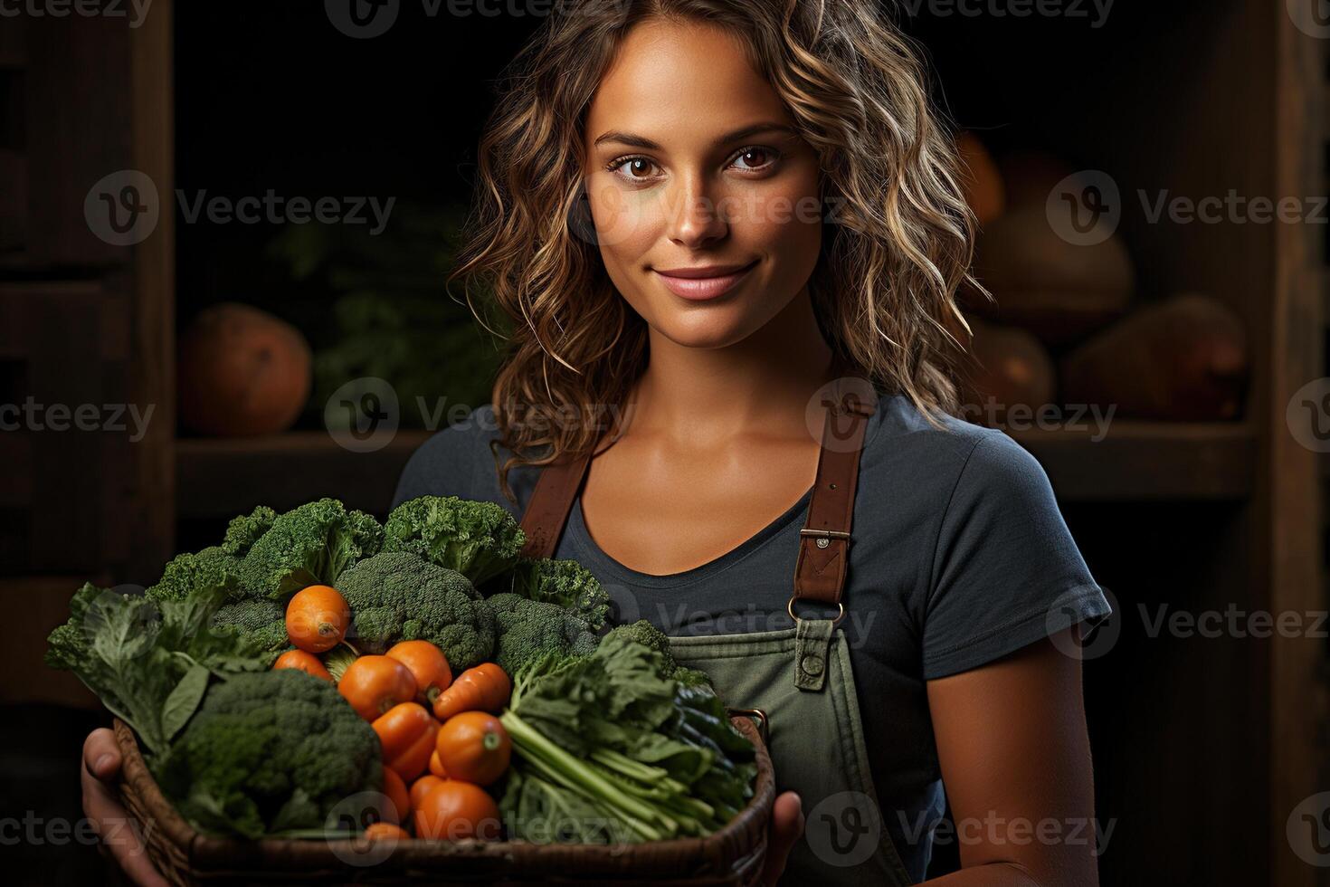 AI generated a woman farmer holding a wooden box with ripe organic vegetables in his hands photo