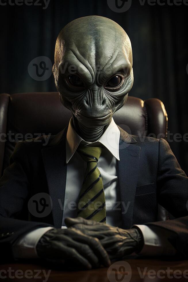 AI generated vertical portrait of an humanoid alien in a business suit in office photo