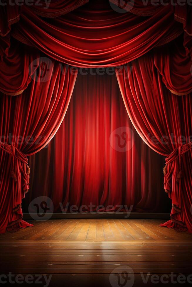 AI generated vertical scene background, red curtain on stage of theater or cinema slightly ajar photo