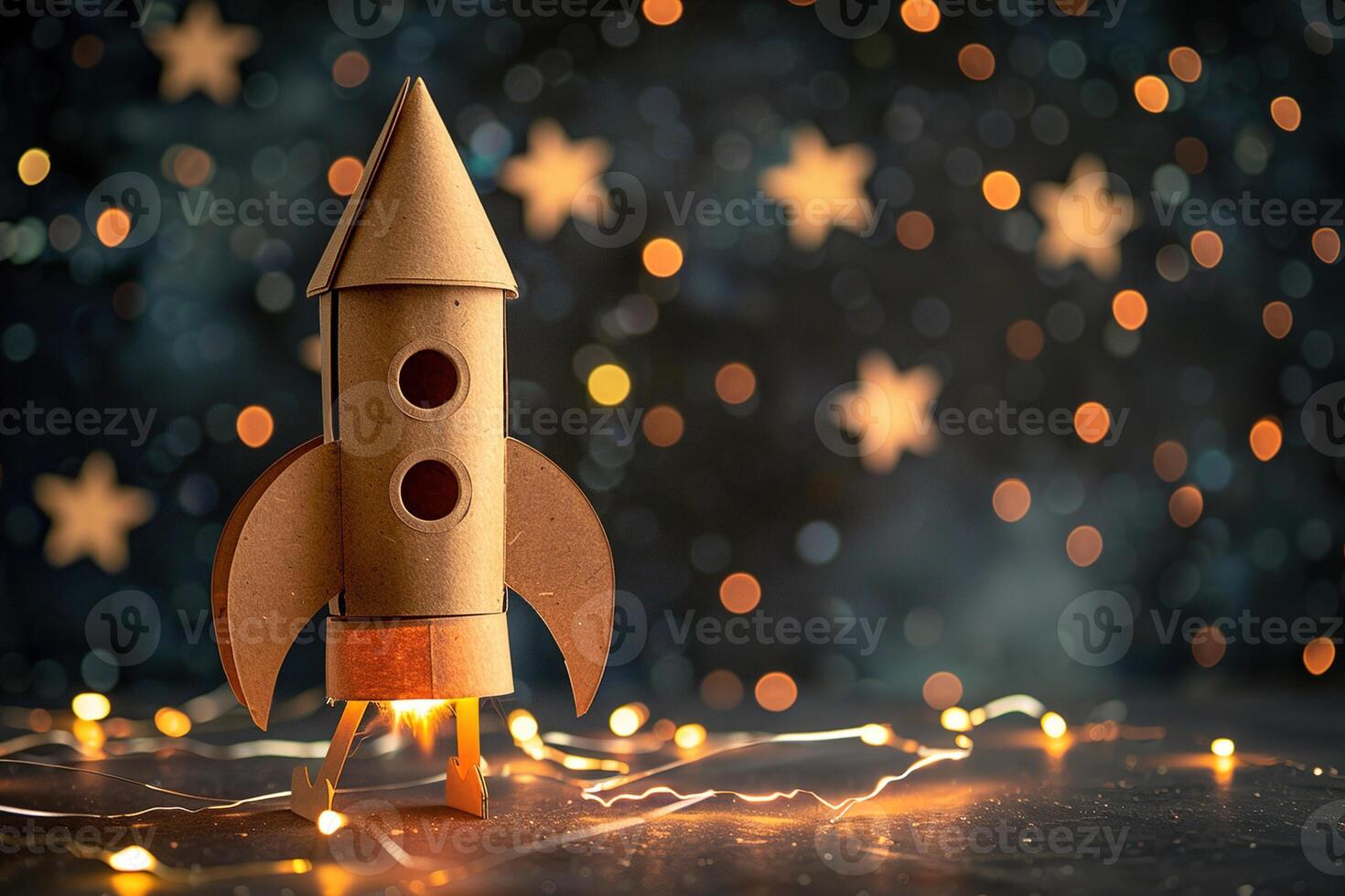 AI generated closeup rocket made of cardboard and stars on blurred bokeh background photo