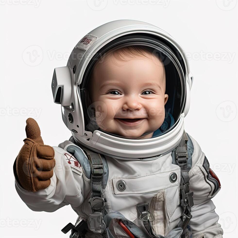 AI generated baby astronaut in a spacesuit smiling and showing thumbs up on transparent background photo