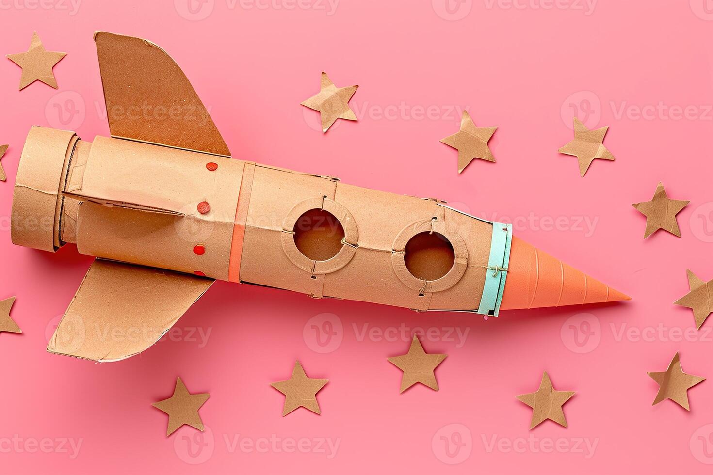 AI generated closeup rocket made of cardboard and paper stars on a pink background photo