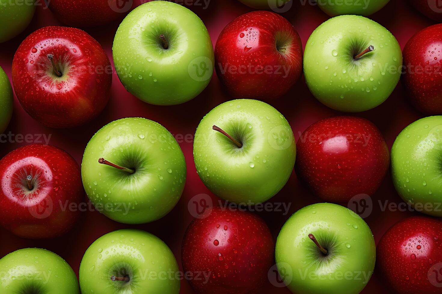 AI generated many delicious ripe red and green apples fruits on a red background top view photo
