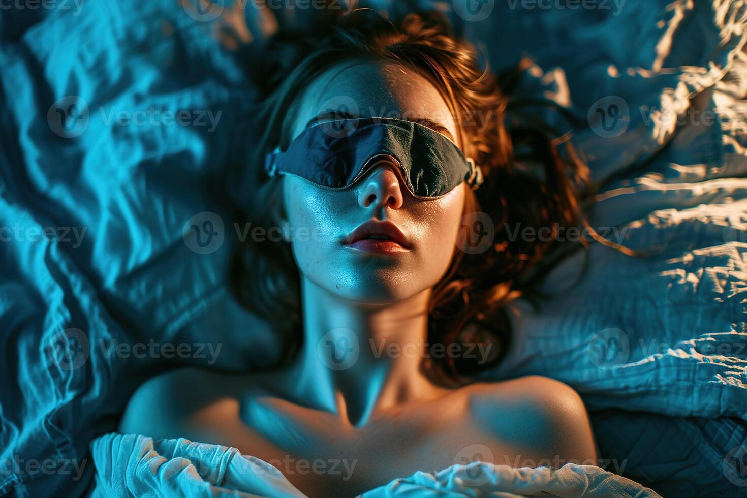 AI generated Top view of a woman sleeping in a bed with a mask on her face photo