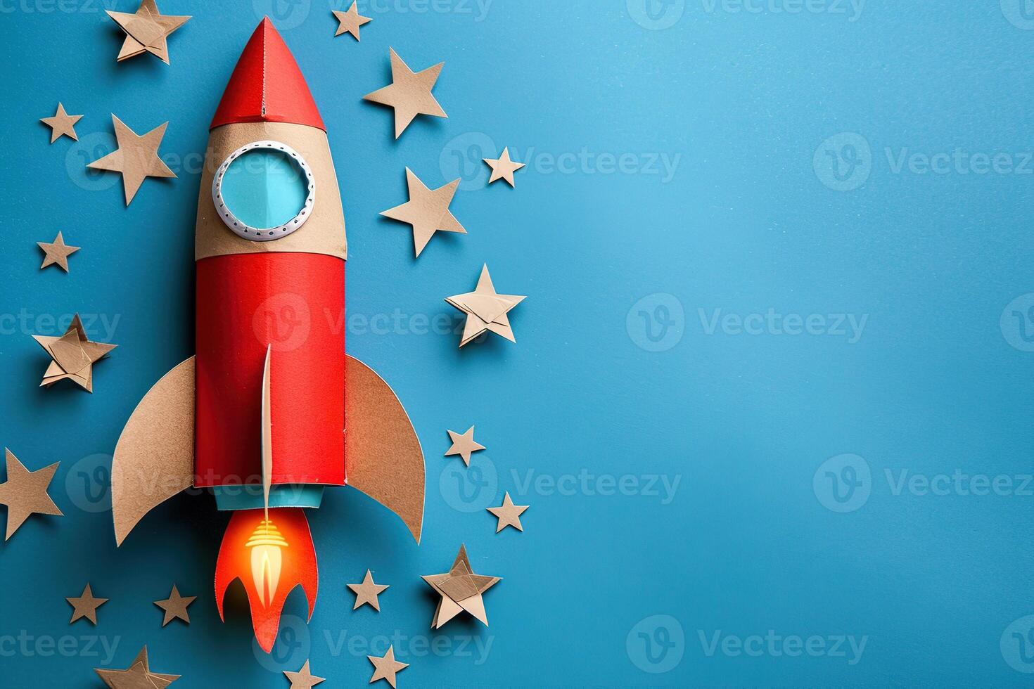 AI generated flying rocket made of cardboard and paper stars on a blue background with copy space photo