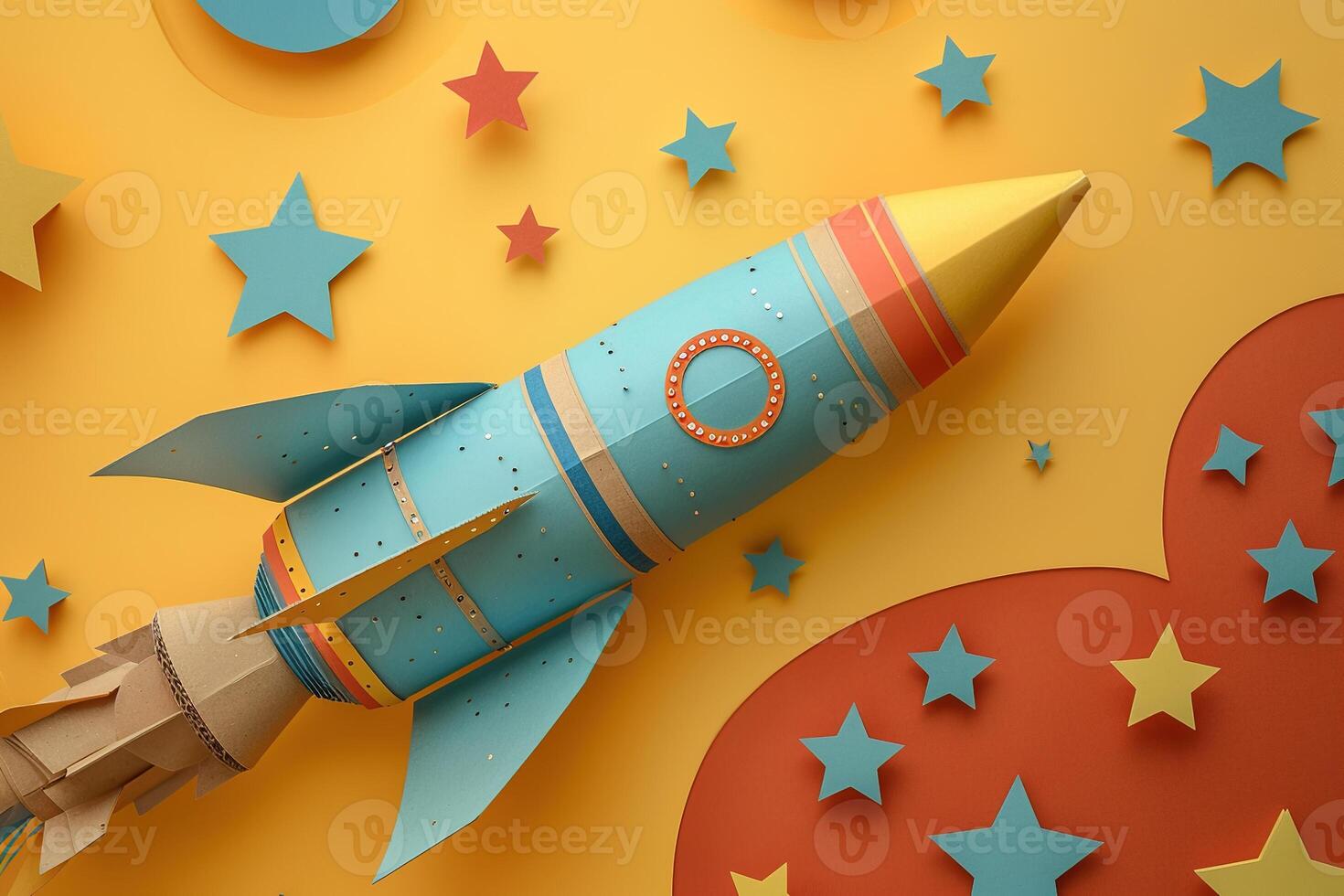 AI generated closeup flying rocket made of cardboard and paper stars on a yellow background photo