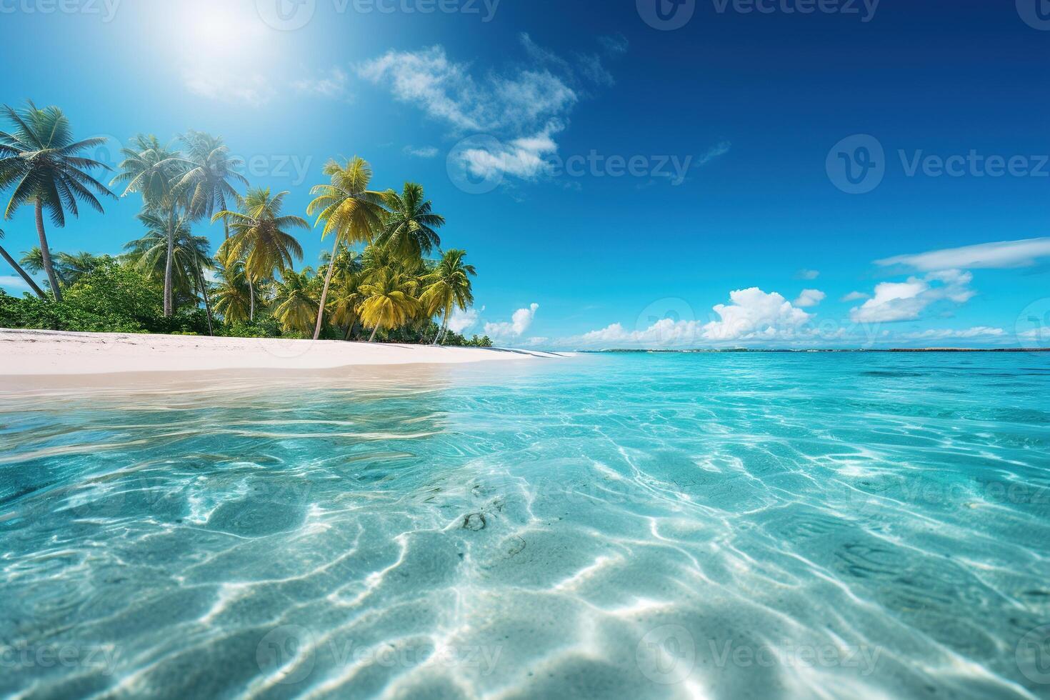 ai generado paraíso ver de un tranquilamente balanceo azul mar laguna cerca el costa con un arenoso playa y palma arboleda foto