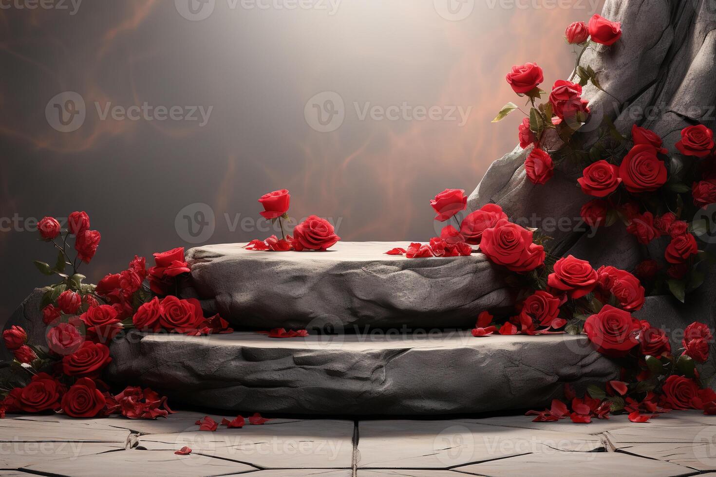 AI generated stone platform podium with little red roses flowers on blurred background, template for montage or product presentation photo