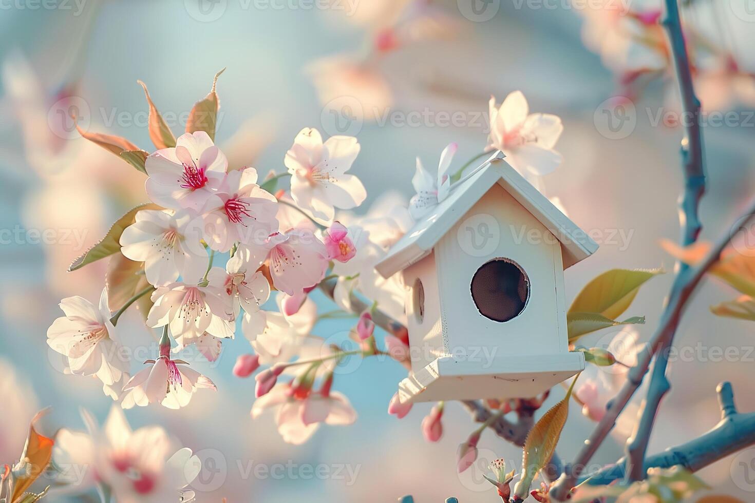 AI generated small white birdhouse on a spring cherry blossom branch on blurred background photo