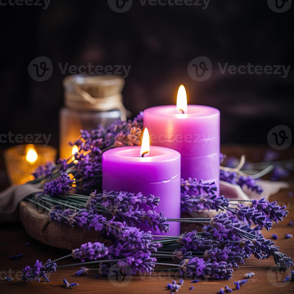 AI generated closeup of burning purple candles and dry lavender photo