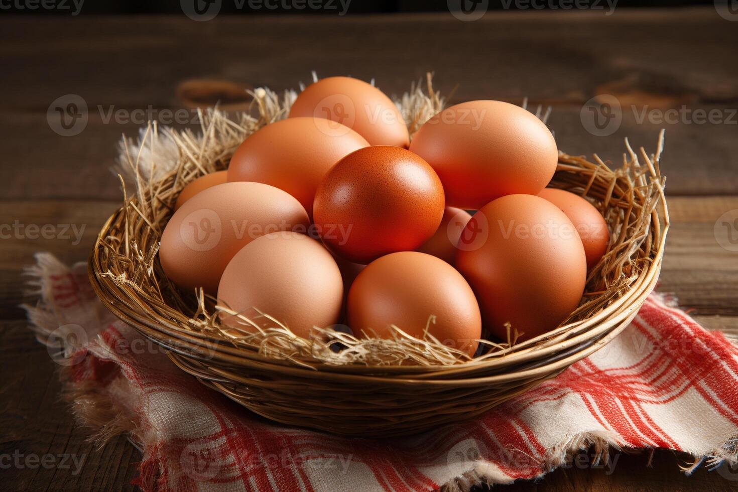 AI generated Easter eggs in a nest basket on a red and white cloth on a wooden table photo