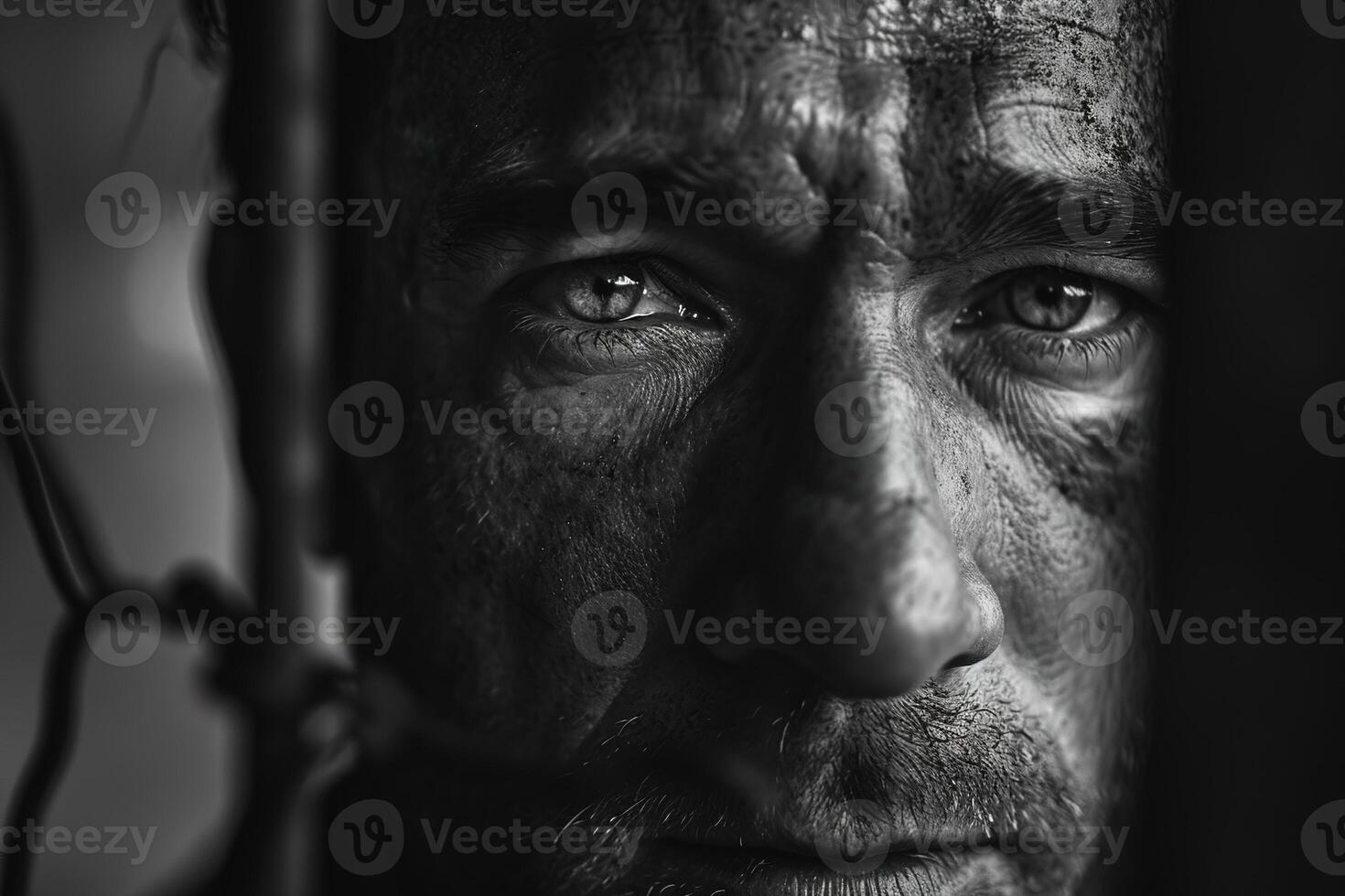 AI generated closeup black white portrait of a male prisoner behind bars photo