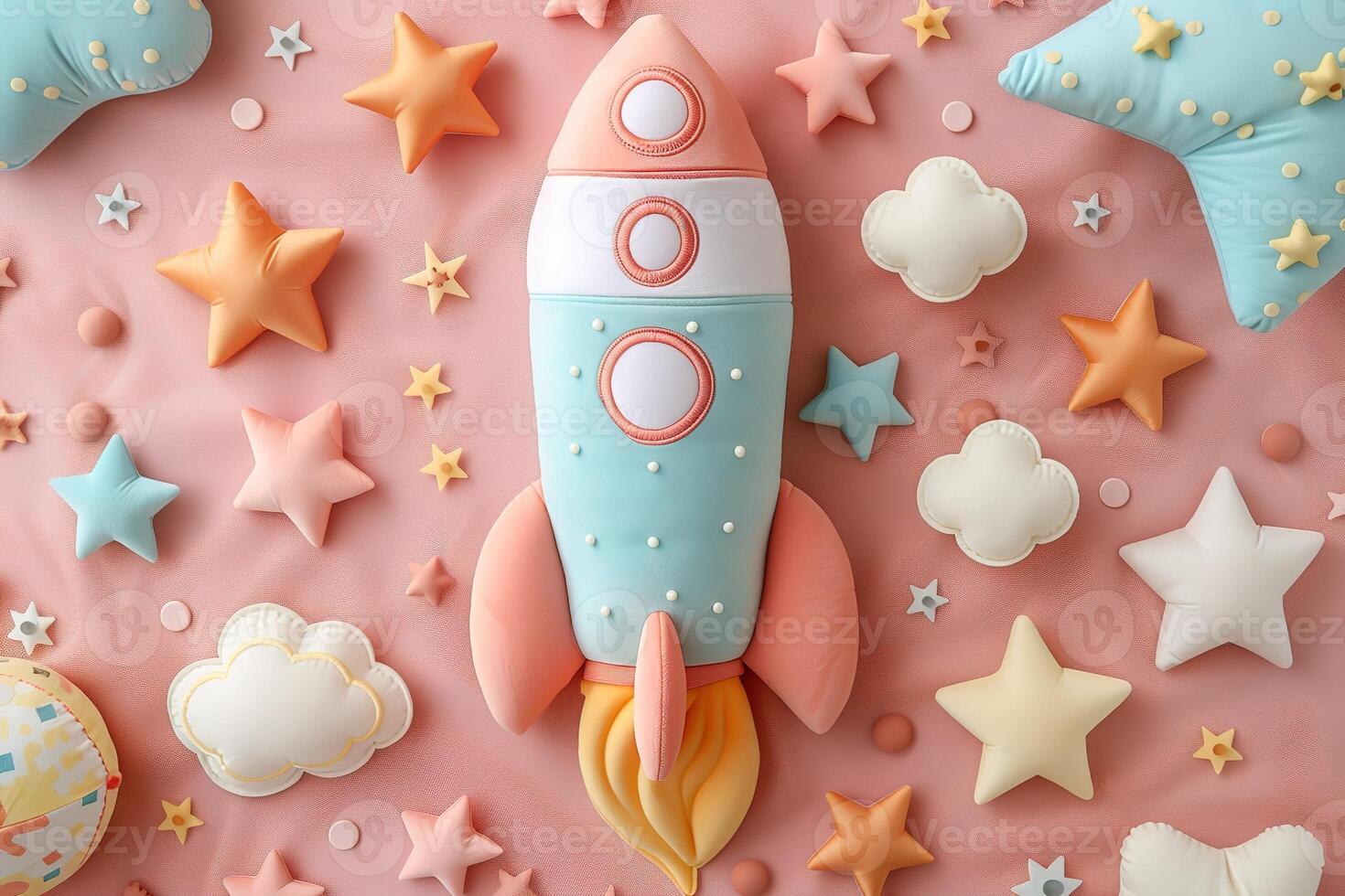 AI generated soft plush toy space rocket in pastel colors photo