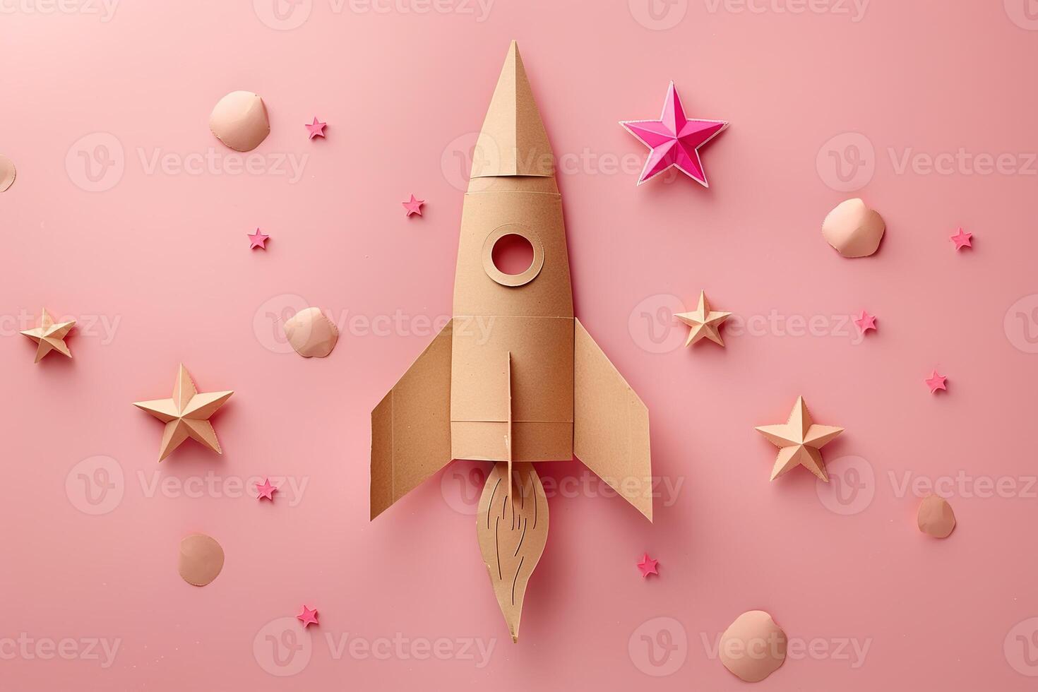 AI generated closeup flying rocket made of cardboard and paper stars on a pink background photo