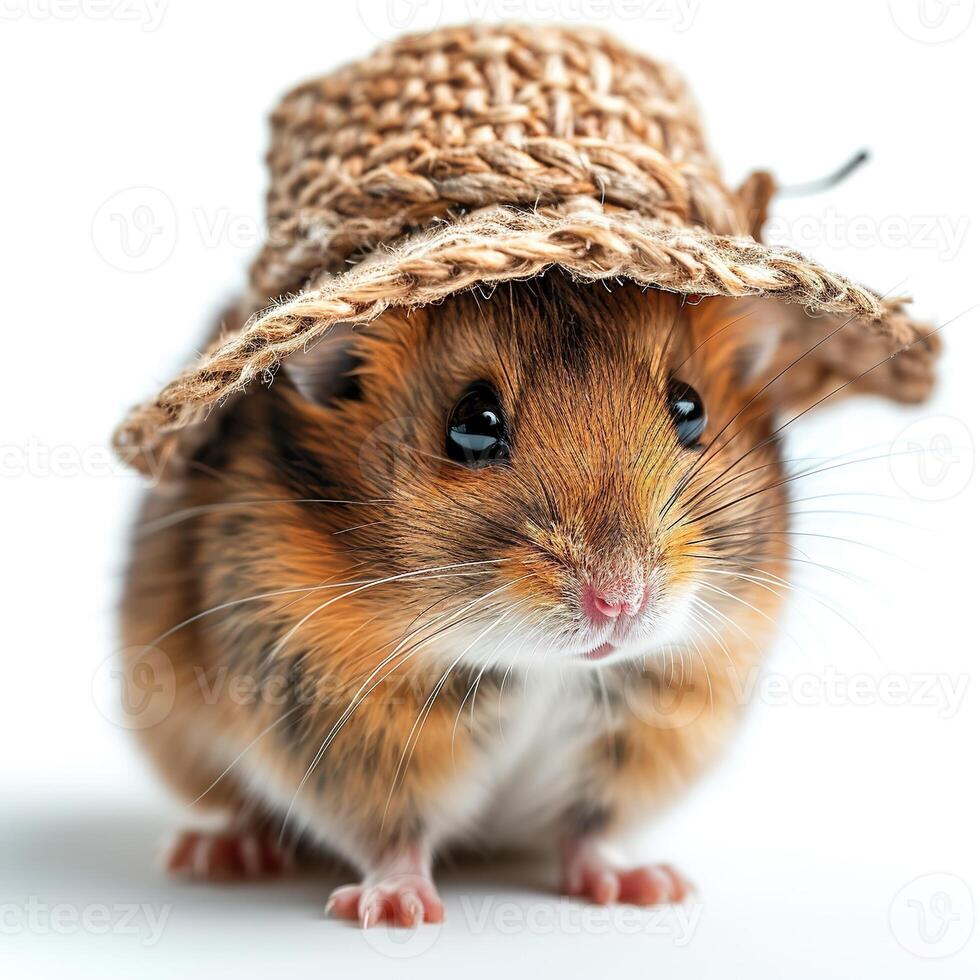 AI generated cute fluffy domestic hamster in a hat on a white background photo