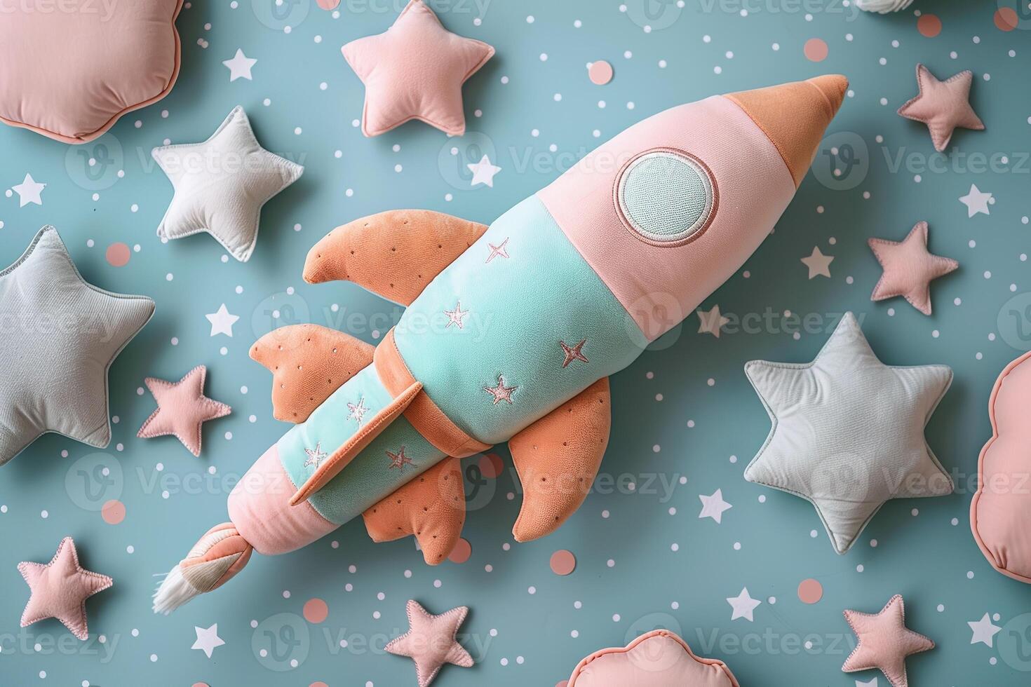 AI generated soft plush toy space rocket and stars in pastel colors on blue background photo