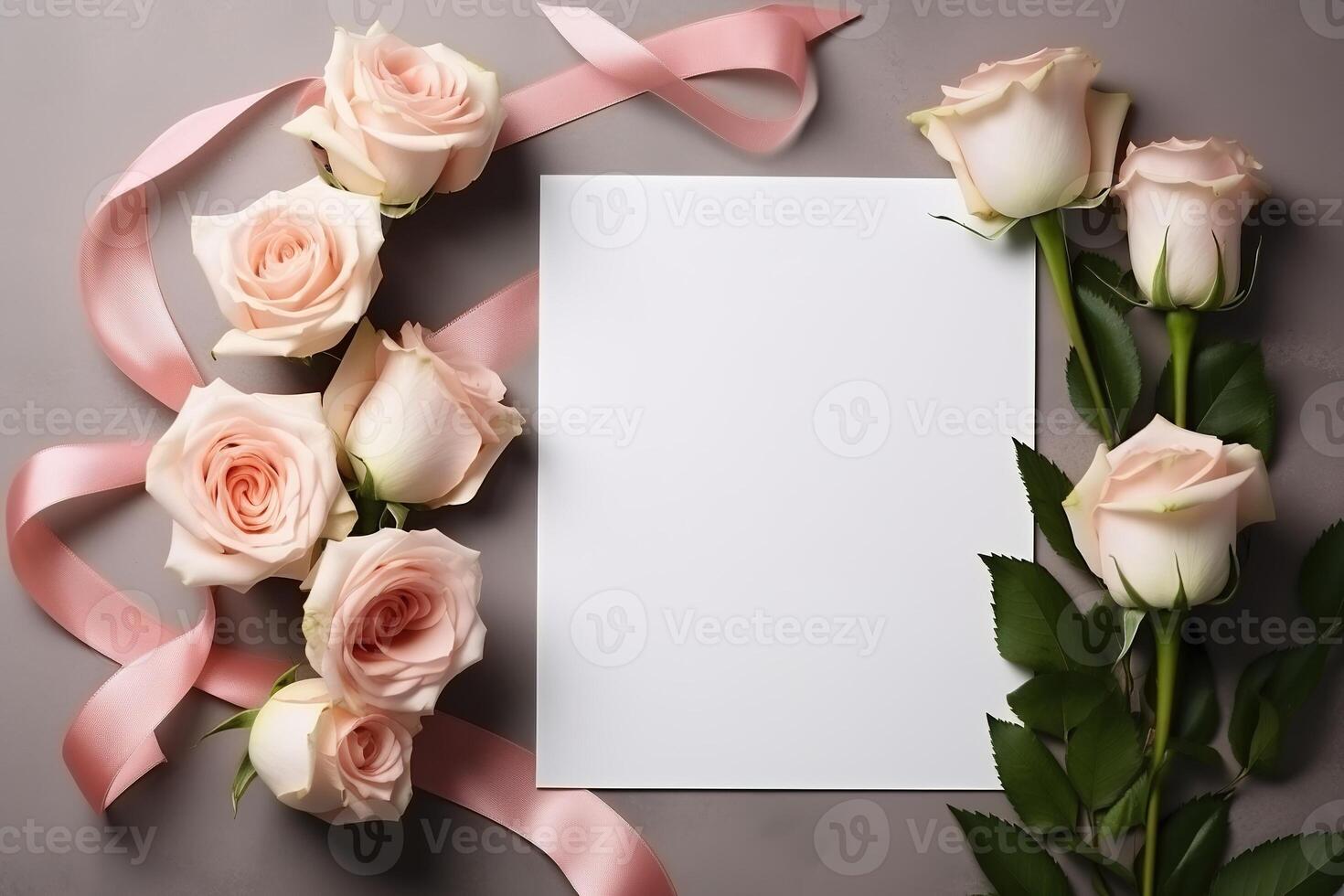 AI generated mockup white blank paper sheet with roses top view, template empty card flat lay with copy space photo