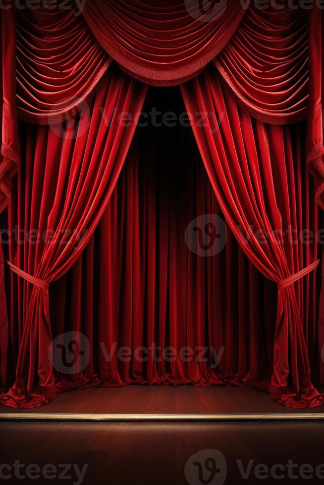 AI generated vertical scene background, red curtain on stage of theater or cinema slightly ajar photo