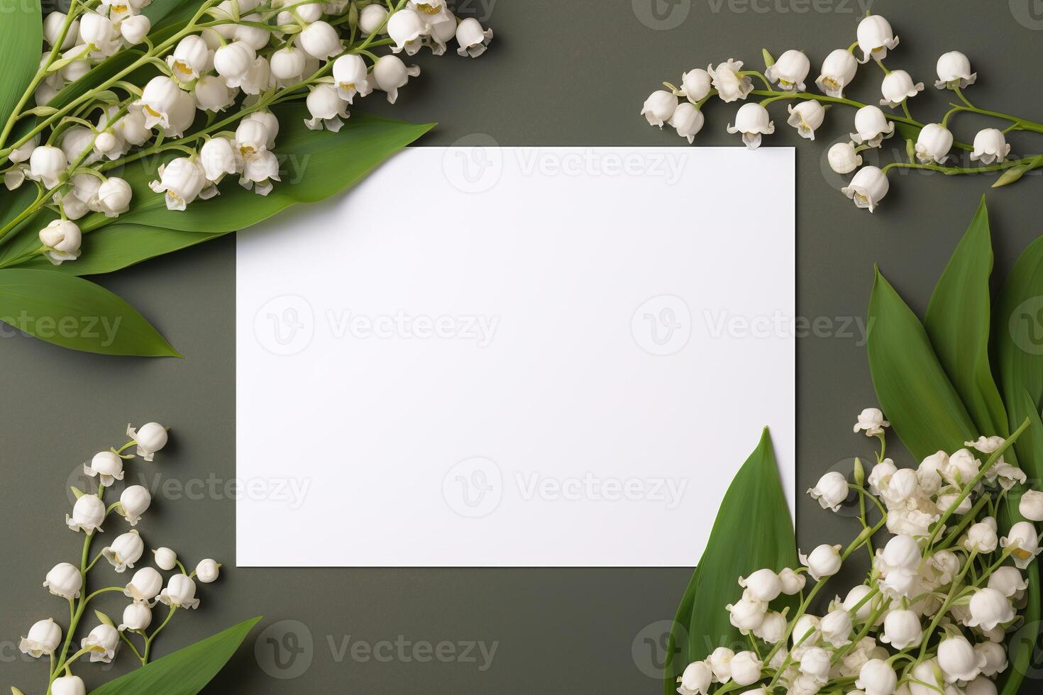 AI generated mockup white blank paper sheet with lilies of the valley flowers top view on grey background, floral template empty card flat lay for design with copy space photo