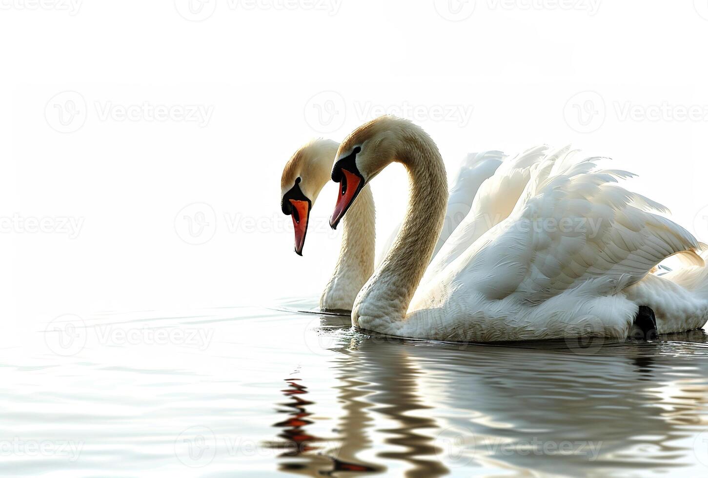AI generated two lovely white swan birds swimming in water on white background photo