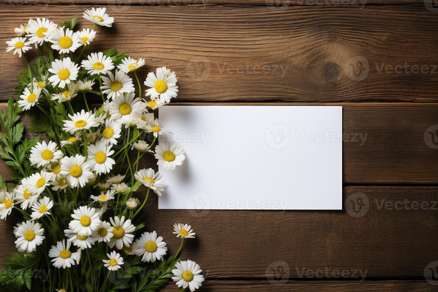 AI generated mockup white blank paper sheet with bouquet white daisies flowers top view on wooden background, floral template empty card flat lay for design with copy space photo