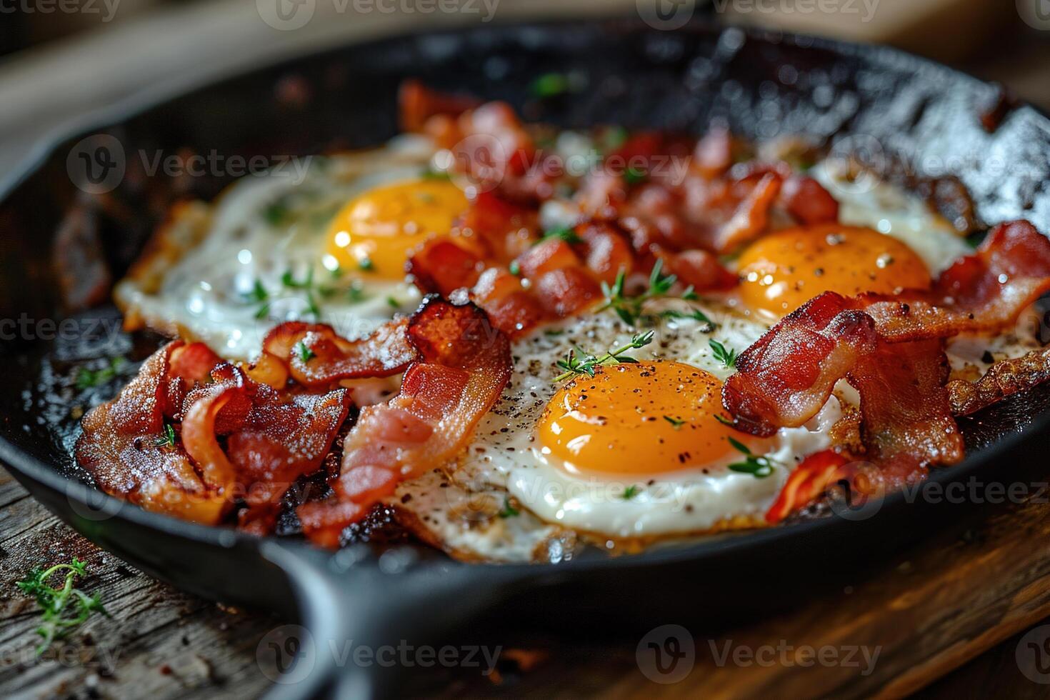 AI generated closeup of delicious breakfast fried eggs with bacon and herbs in a frying pan on wooden table photo