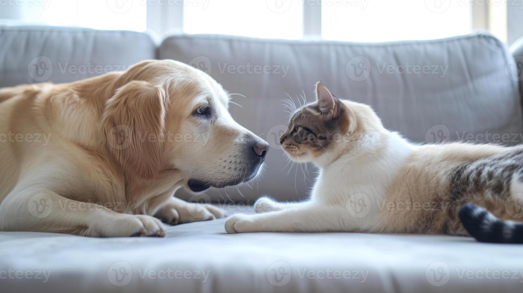 AI generated dog and cat laying on the bed together photo