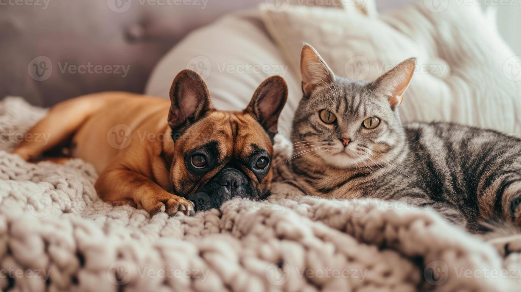 ai generado perro y gato tendido en el cama juntos foto