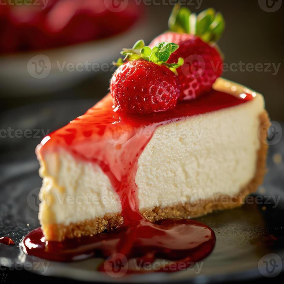 AI generated Cheesecake with strawberry sauce photo