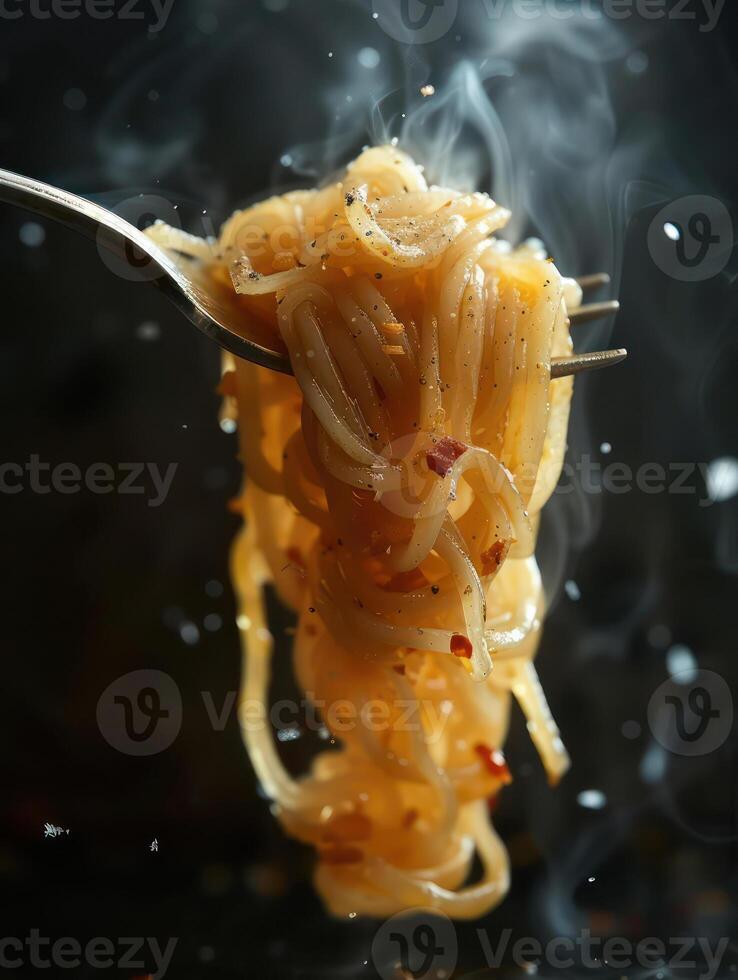 AI generated the fork is entangled in chicken noodles photo