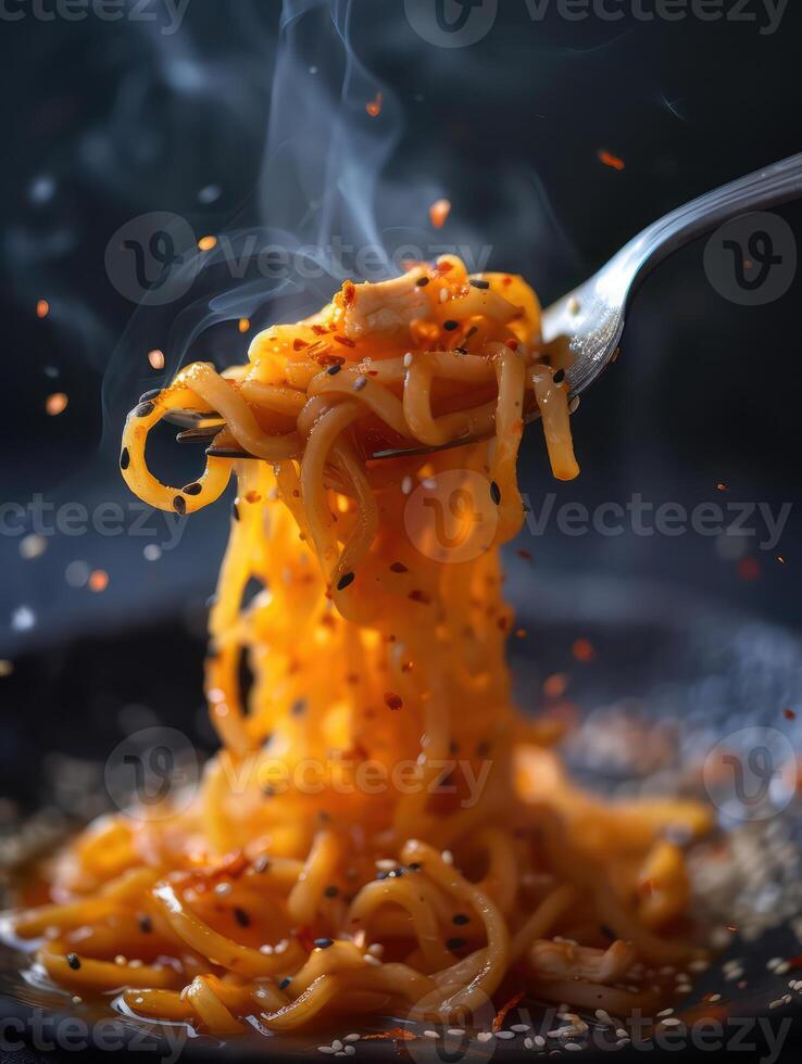 AI generated the fork is entangled in chicken noodles photo