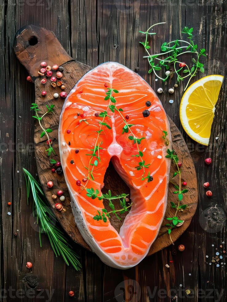 AI generated A slice of salmon on rustic wooden table photo