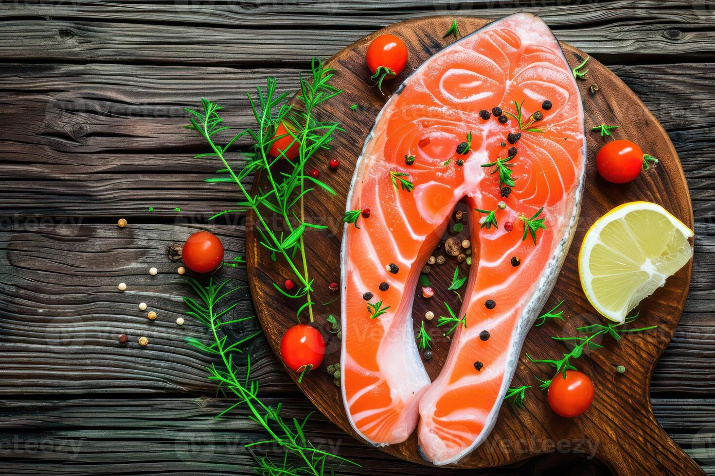 AI generated A slice of salmon on rustic wooden table photo