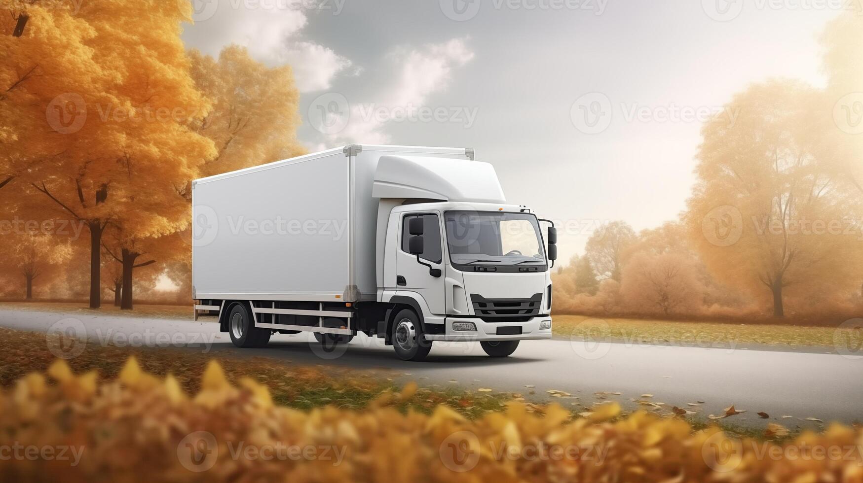 AI generated White truck mowing on the autumn countryside road. Generative ai photo