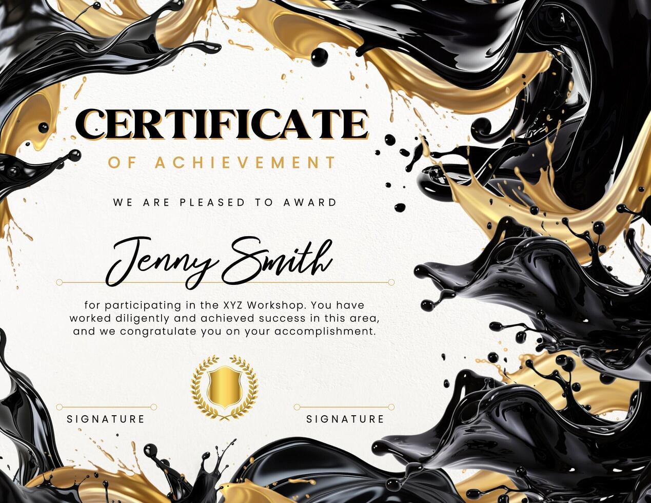 Creative Certificate of Achievement Template in Abstract Black and Gold Liquid Oil