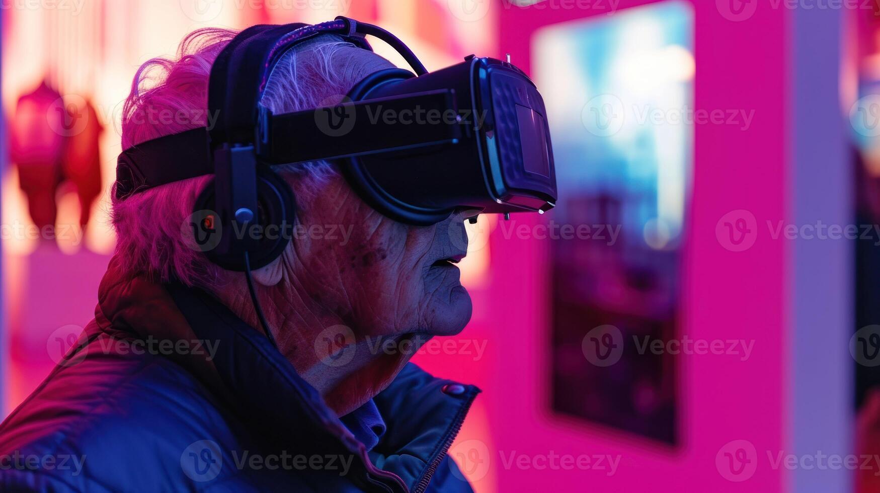 AI generated elderly donning a headset and engaging with the digital realm photo