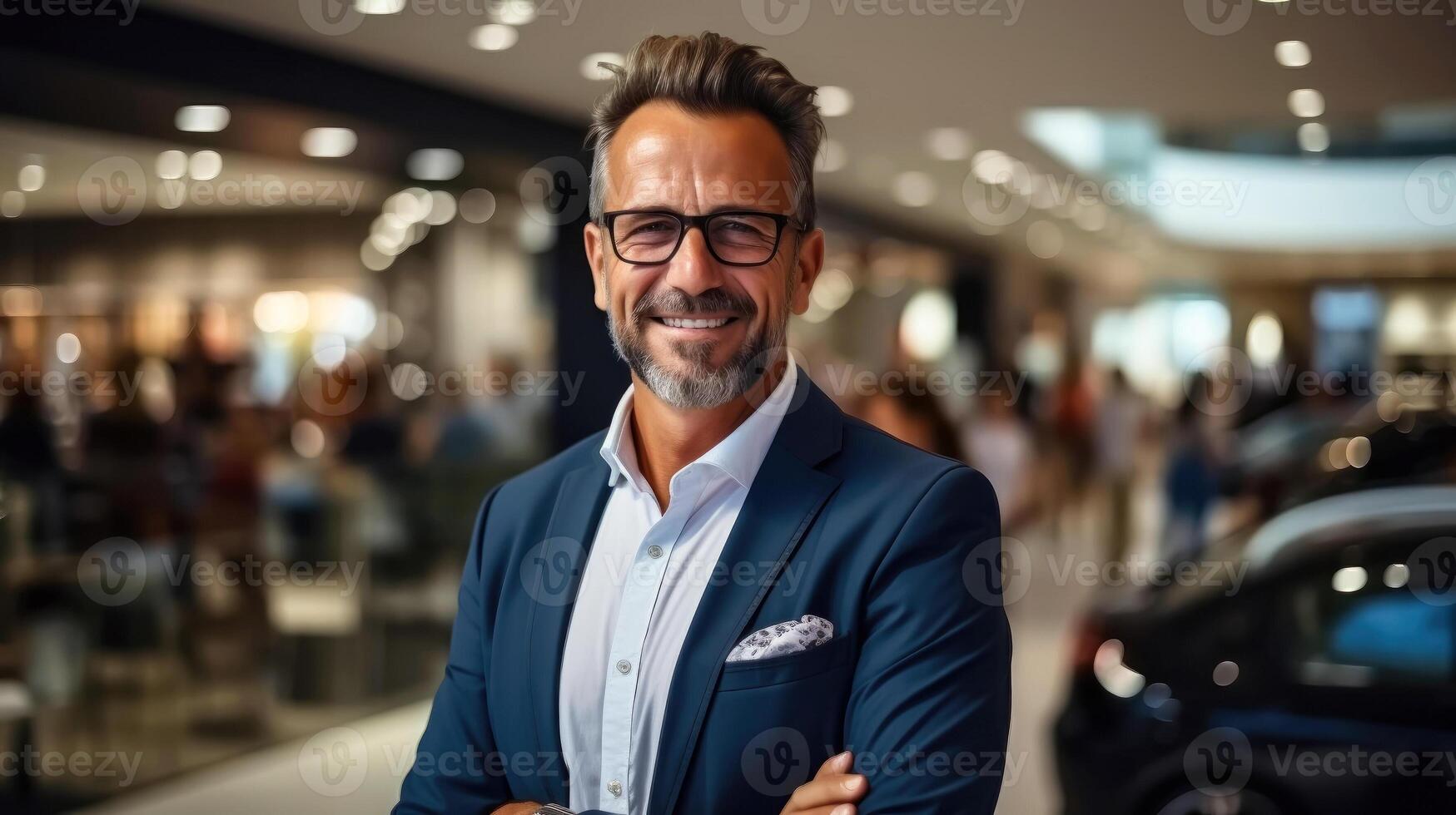 AI generated Business Leadership - Adult Smiling Representative in Blurry Shopping Center photo