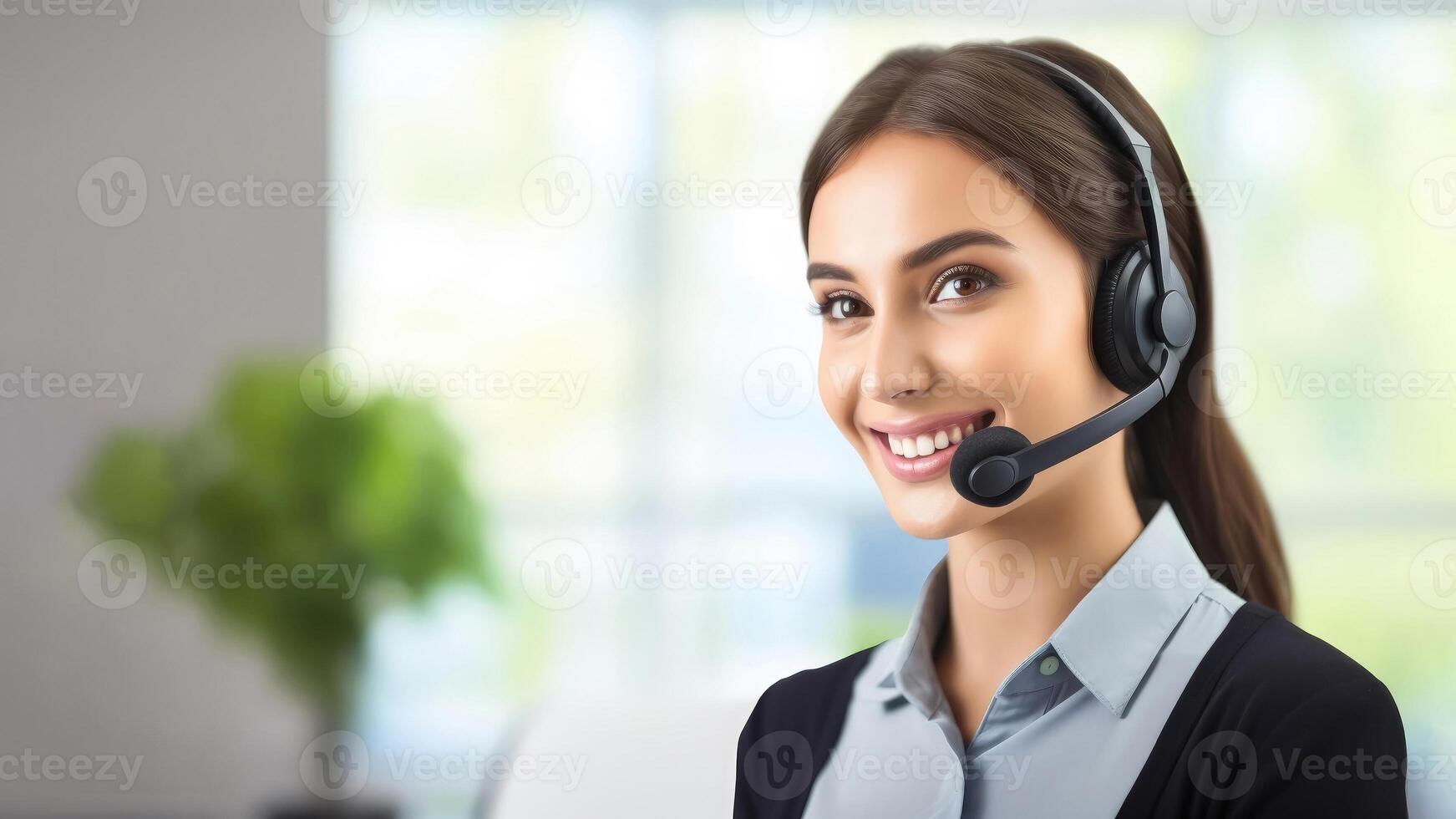 AI generated Friendly Call Center Assistance - Pretty Girl with Headphones and Microphone photo