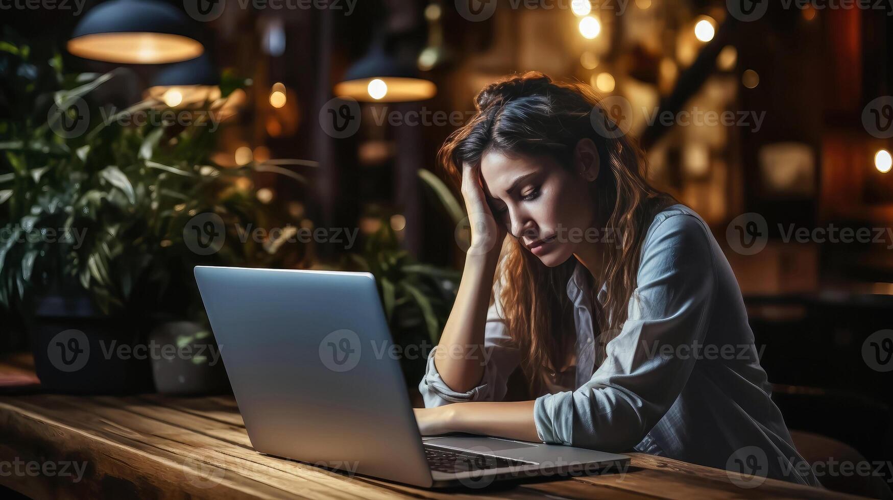 AI generated Exhausted Young Woman Working Overtime at Laptop photo