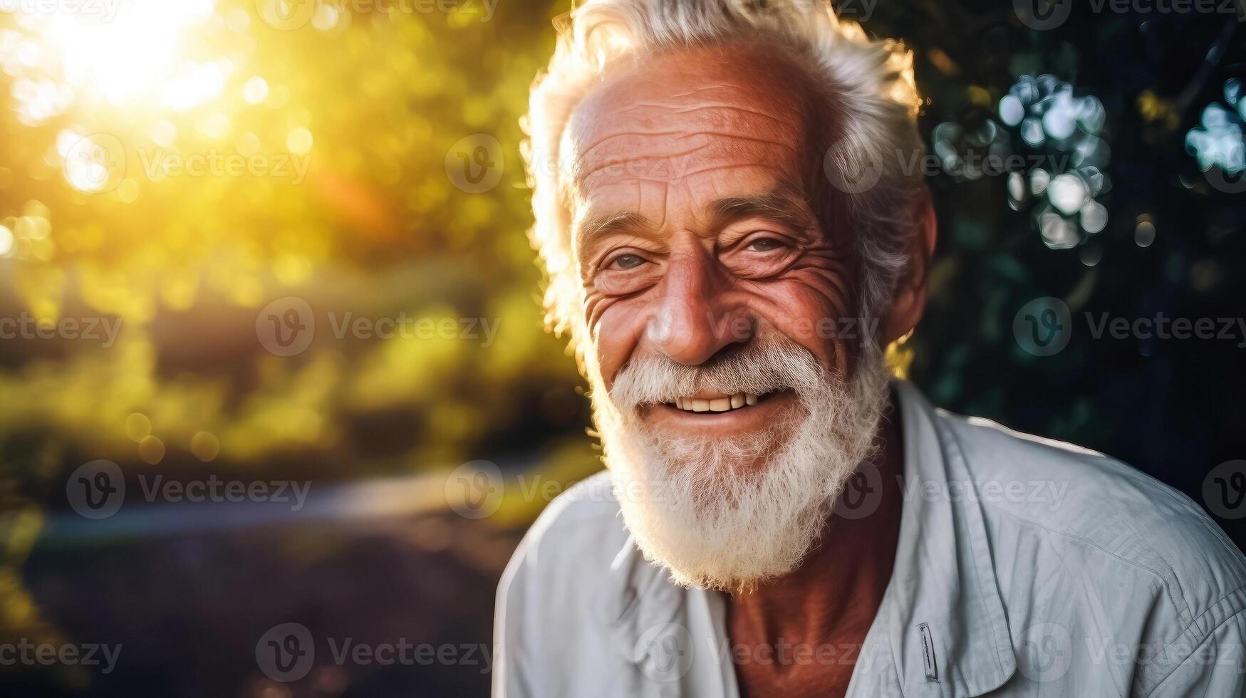 AI generated Joyful Elderly Portrait - Bearded Man's Happy Face in Nature photo