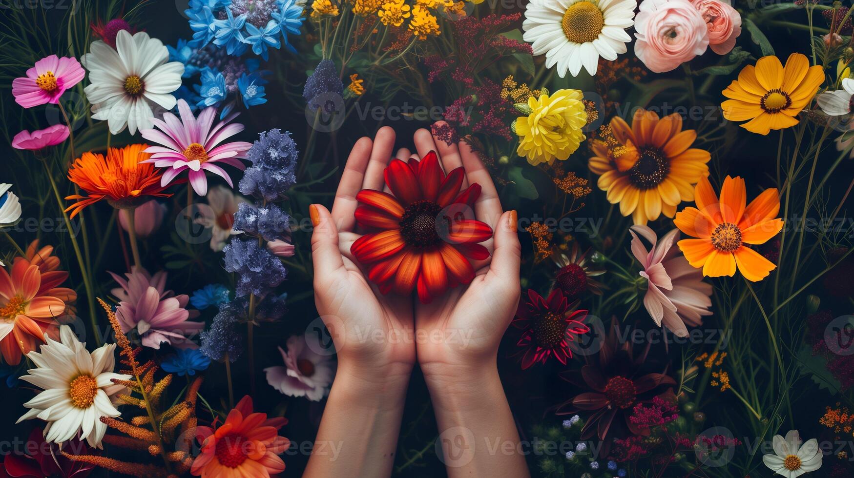 AI generated Pair of hands gently holds a vibrant red flower amidst a colorful array of blossoms. Beauty of blooming summer flowers. Care and connection to nature concept. photo