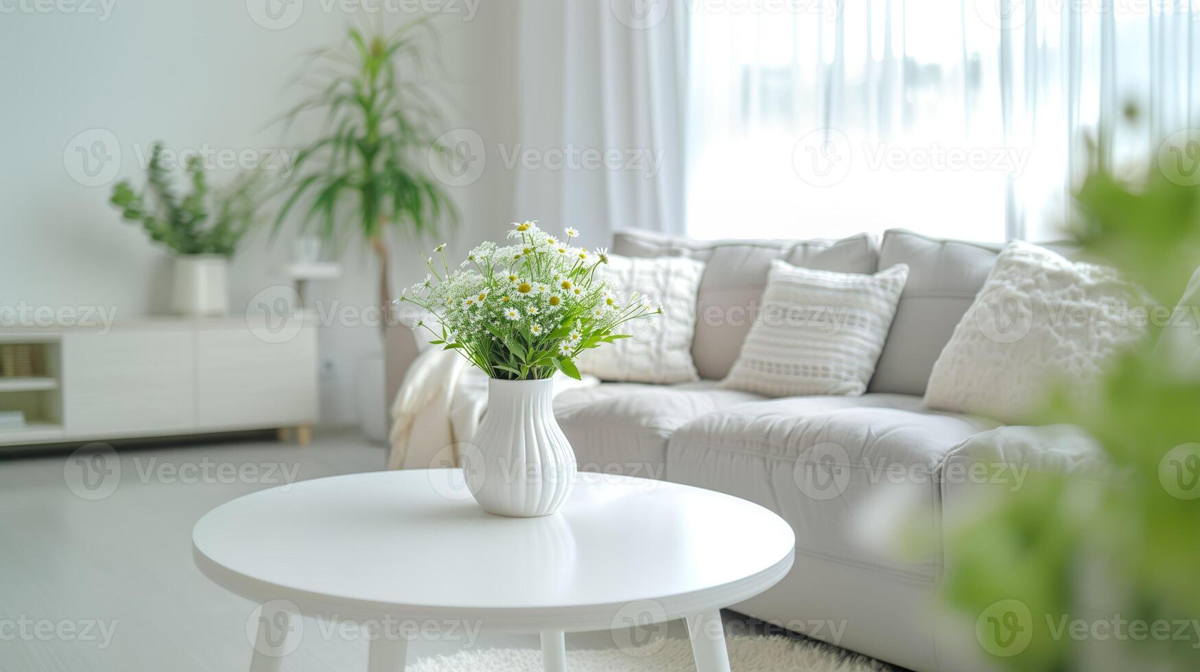 AI generated Living room interior design with white vase of blooming spring flowers on a table, Cozy sofa and greenery in natural light. Home decor inspiration or relaxation concept. photo