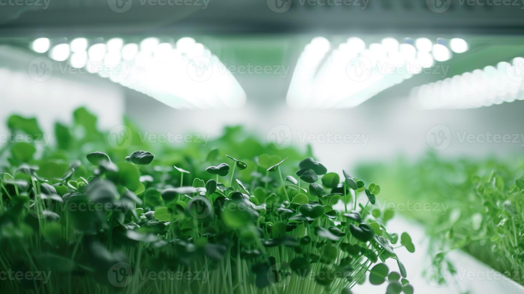 AI generated Closeup of modern indoor garden illuminated by a specialized grow light. Various green plants, microgreens thrive under this artificial lighting. Minimal background. photo