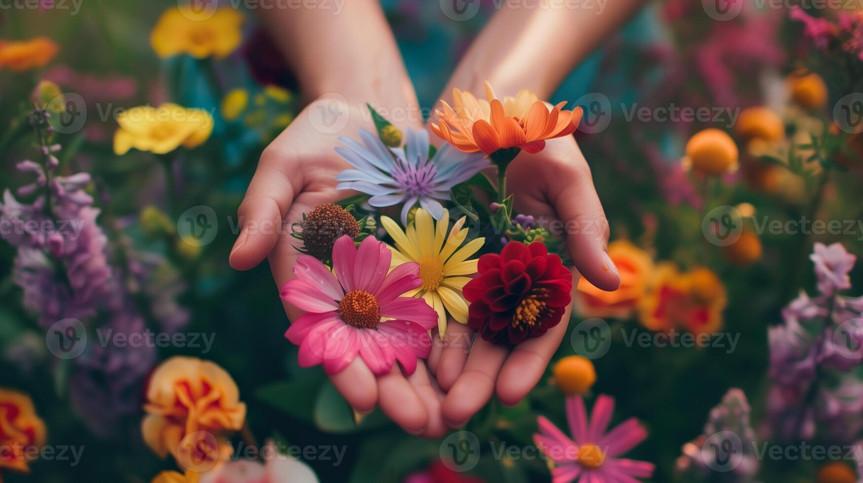 AI generated Pair of woman hands gently holds mix of summer flowers amidst a colorful array of blossoms. Beauty of blooming summer flowers. Care and connection to nature concept. photo