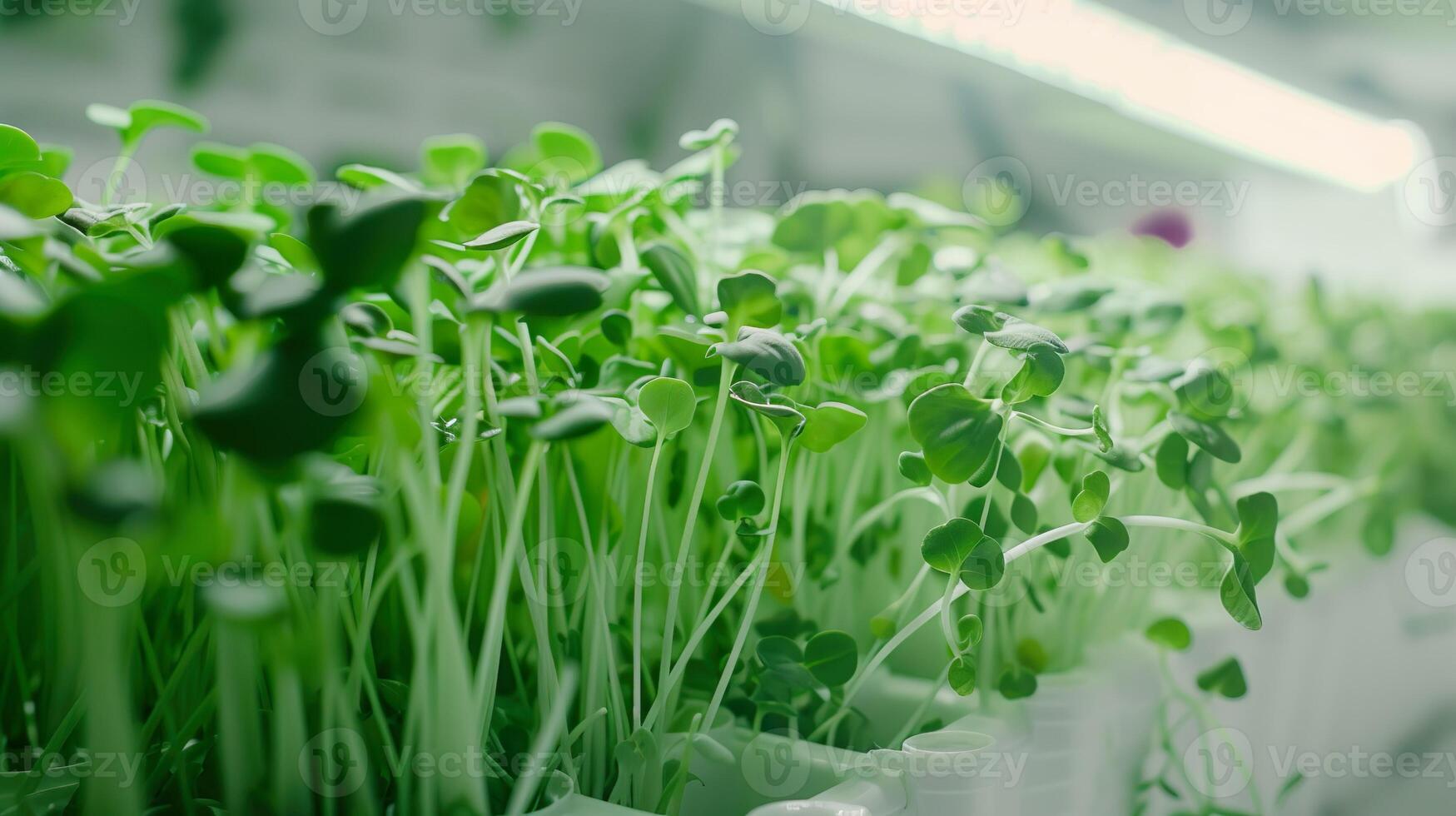 AI generated Closeup of modern indoor garden illuminated by a specialized grow light. Various green plants, microgreens thrive under this artificial lighting. Minimal background. photo