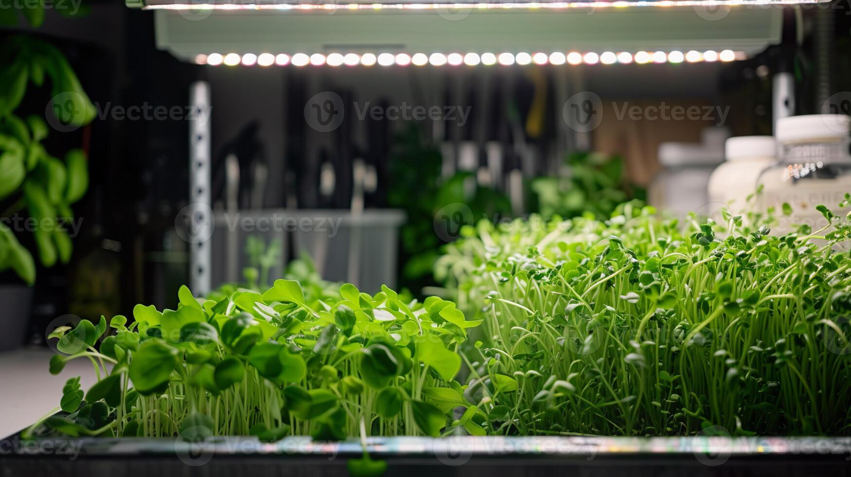 AI generated Modern indoor garden with lush green plants and fresh microgreens. Illuminated by overhead light. photo