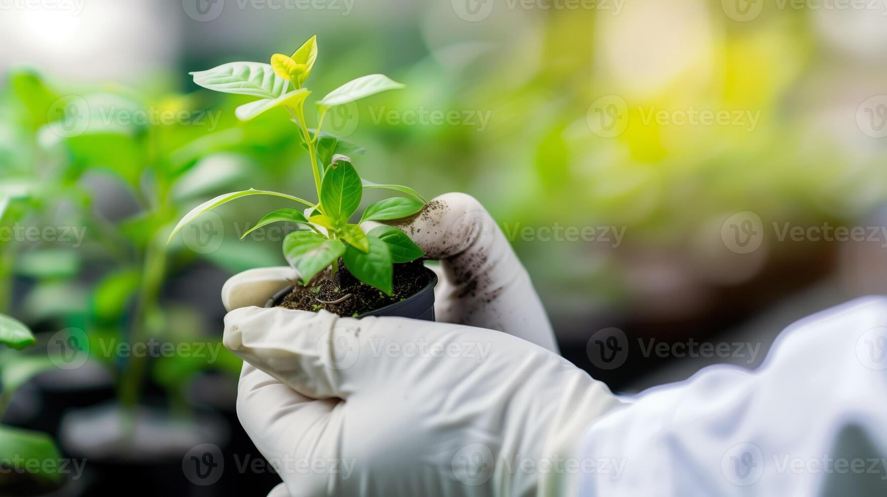 AI generated Closeup of hands in white gloves planting or caring for young green plant in pot. Gardening tips, plant care, environmental conservation background. photo