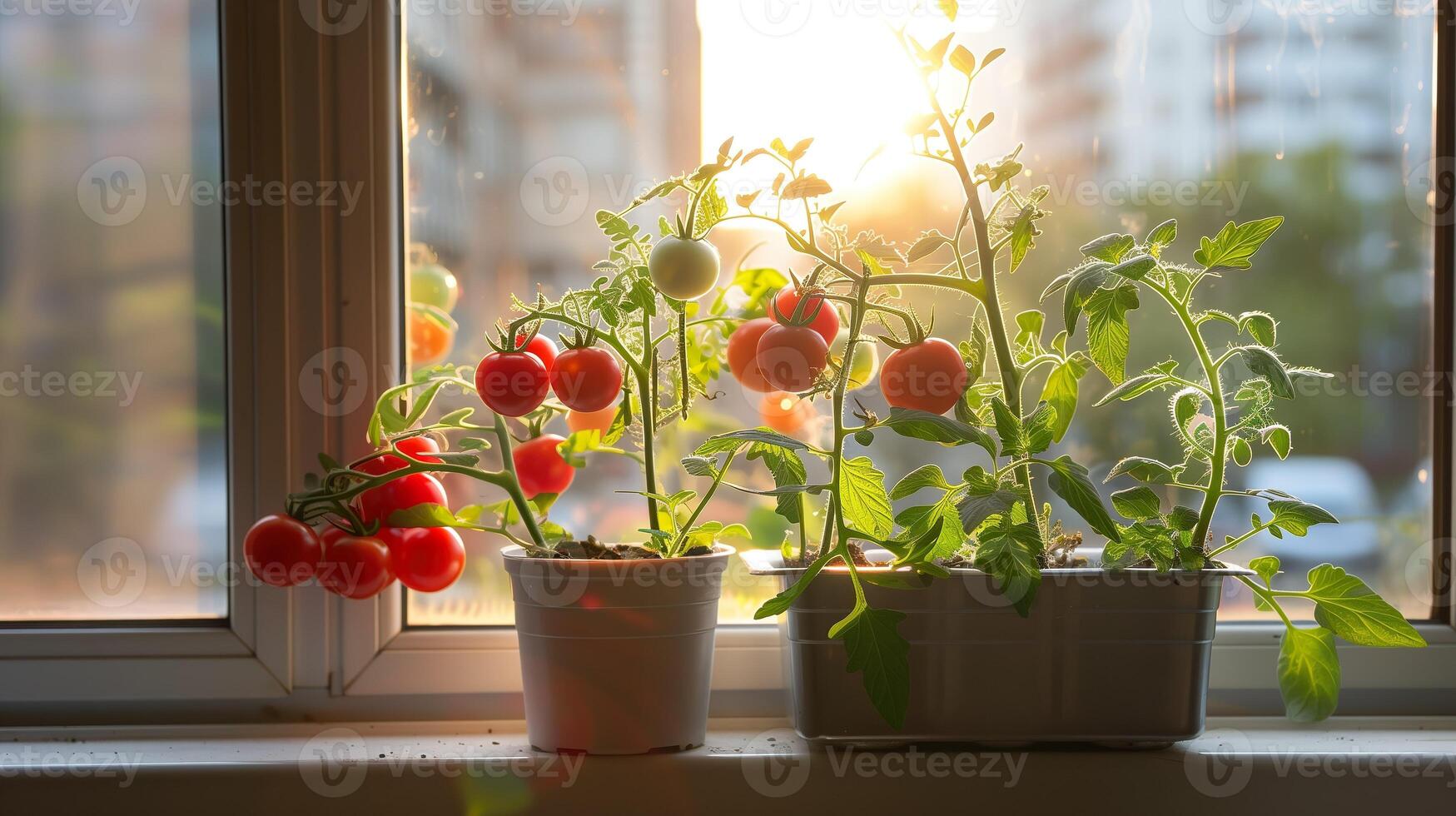 AI generated Tomato plants in pots, golden sunlight by a window, with ripe red and green tomatoes. Urban gardening, indoor plant care. photo