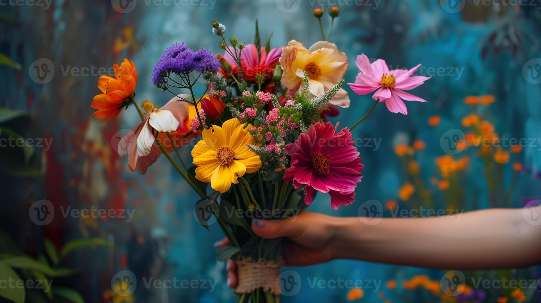 AI generated Hands hold a diverse bouquet of bright, blooming flowers with red, yellow, purple, white, and orange hues, set against a blue muted, textured background. photo