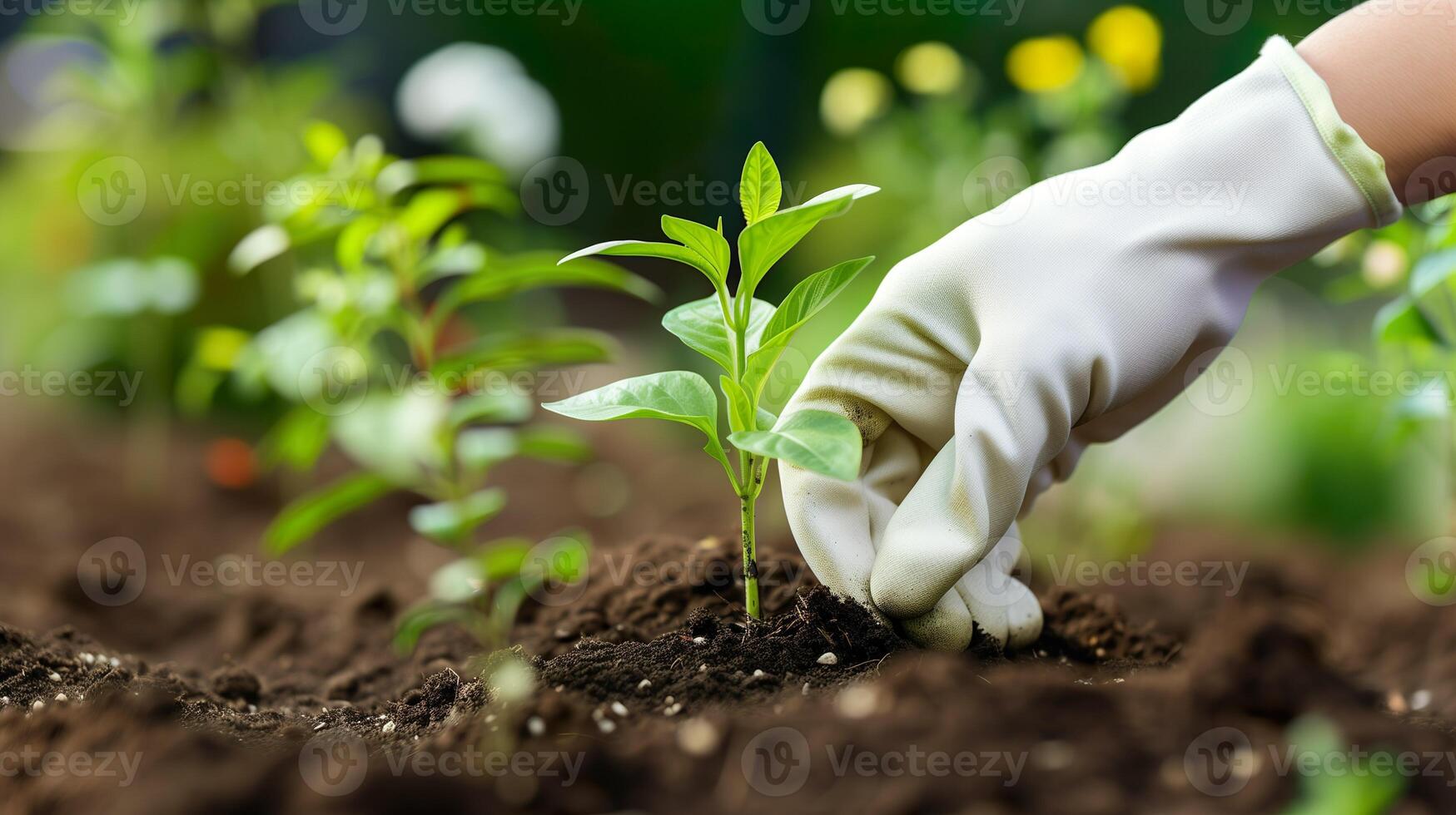 AI generated Closeup of hands in white gloves planting or caring for young green plants. Gardening tips, plant care, environmental conservation background. photo